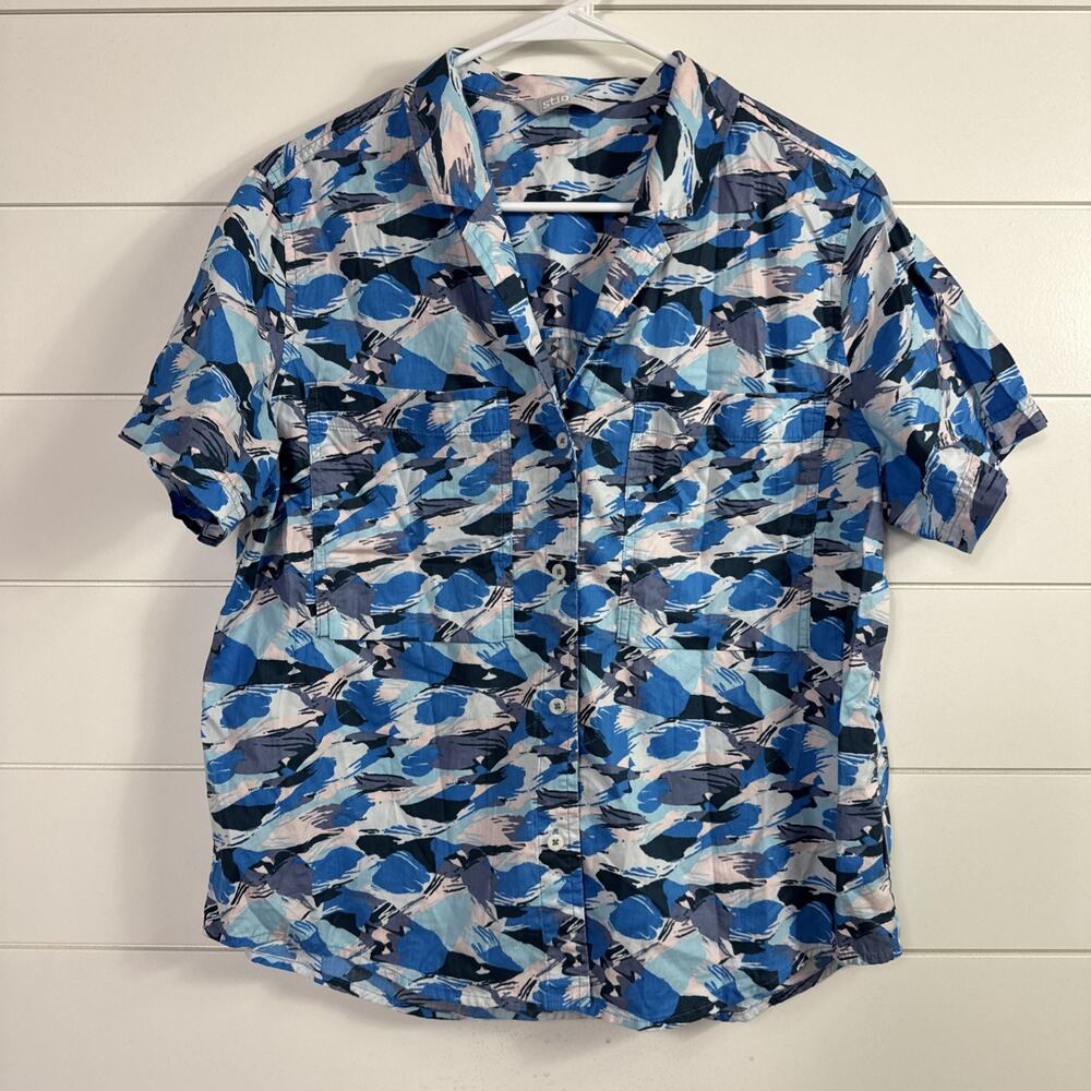 STIO Button Front Shirt Blue Gray Abstract Camouflage Print sz L